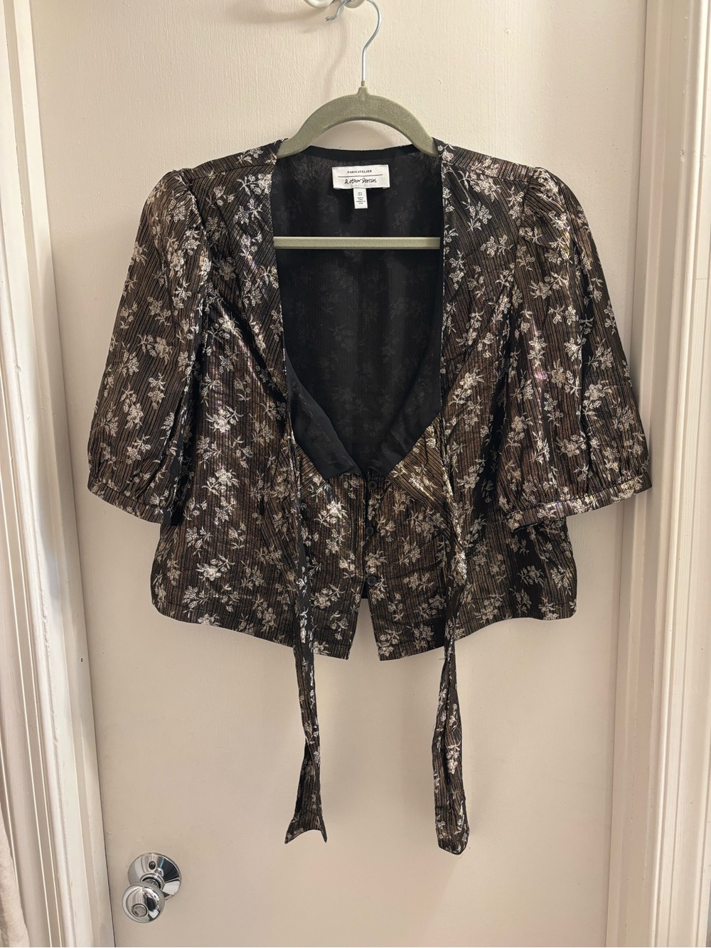 & Other Stories Metallic Floral Puff Sleeve Tie Front Top US 8